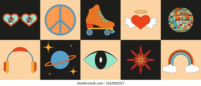 Set of vintage retro stickers with flower, heart, rainbow and planet. Groovy cards for peace and love. Rainbow with clouds element on beige background.