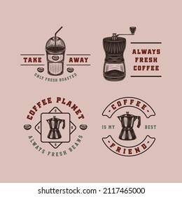 Set of vintage retro style coffee emblems, logos, badges. Can be used like poster or print. Monochrome Graphic Art. Vector Illustration. Detailed woodcut style design.
