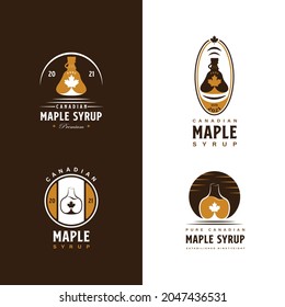 Conjunto de estilo retro vintage para el diseño del logotipo de jarabe de arce. Con hoja de arce, icono del frasco. Logotipo de lujo, clásico y premium