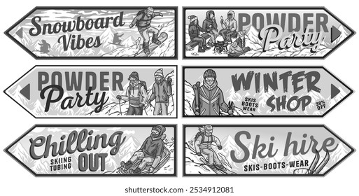Set of vintage retro style winter sports posters with people enjoying snowboarding, skiing, and tubing in a snowy mountain landscape. Winter poster or sign
