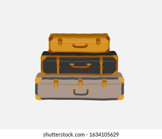 Set of vintage retro suitcases. Hand drawn trendy colorful isolated design elements. Cartoon vector illustration