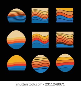 Set of vintage retro sunset illustrations vector background, 70s 80s Old Color, different shape retro sunset style Collection design element for t-shirt, banners, prints, vintage retro style 
 