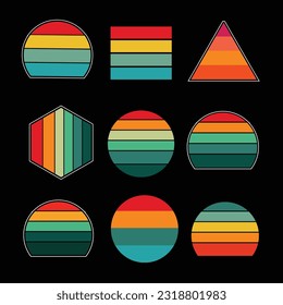 Set of vintage retro sunset illustrations vector background, 70s 80s Old Color, different shape retro sunset style Collection design element for sticker, logo, icon, t-shirt, banners, prints