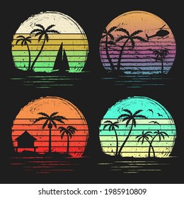 Set of vintage Retro sunsets with palms background grunge retro sunset striped