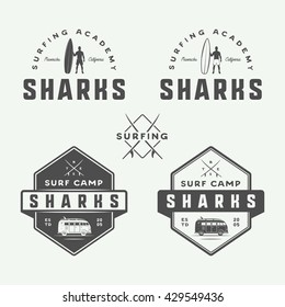 Set of vintage retro surfing, summer and travel logos, emblems, badges, labels, marks, watermarks and design elements. Graphic Art. Vector Illustration.
