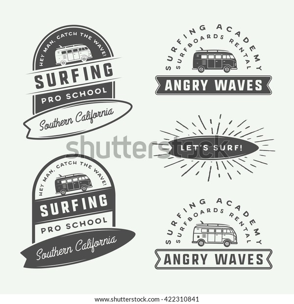 Set of vintage retro surfing, summer and\
travel logos, emblems, badges, labels, marks, watermarks and design\
elements. Graphic Art. Vector\
Illustration.