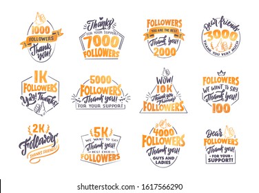 Set of vintage, retro Thank you Followers badges, logos, phrases, slogans. Social media labels and likes stickers. Hand drawn lettering with ribbons, sunbursts, confetti. Vector illustration.
