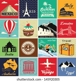 Set Of Vintage Retro Vacation And Travel Label Cards And Symbols