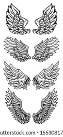 Set of vintage retro wings angels and birds isolated vector illustration in tattoo style. Design element for logo, badge, tattoo, t-shirt, banner, poster.