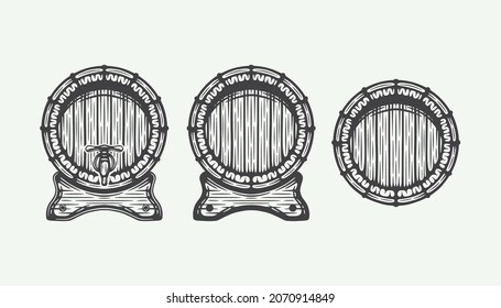 Set of vintage retro woodcut set of engraving beer wooden barrels. Can be used like emblem, logo, badge, label. mark, poster or print. Monochrome Graphic Art. Vector Illustration.
