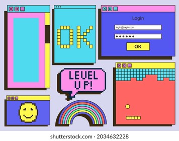 Set of vintage retrowave UI and UX graphic colorful computer windows on grey background. Dialog box, tab, button, modal window as a part of retro computer interface. Flat cartoon vector illustration