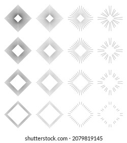 Set of Vintage Rhomb Sunbursts in Different Shapes. Trendy Hand Drawn Square Retro Bursting Rays Design Elements. Hipster Vector illustration 