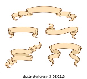 Set of vintage ribbon banners. Collection of hand drawn scrolls. Vector illustration.