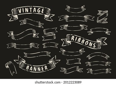 Set of vintage ribbon banners. Hand drawn design element in engraving style