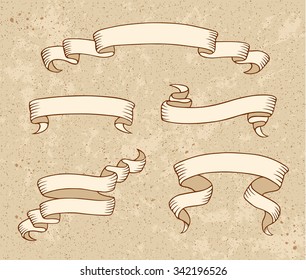 Set of vintage ribbon banners on grunge background. Collection of hand drawn scrolls. Vector illustration.