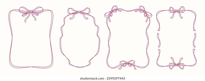 Set of vintage ribbon bows different frames in doodle style.Pretty border with ribbon shapes with space for text. Vector illustration for cute cards, invitation, social media, poster