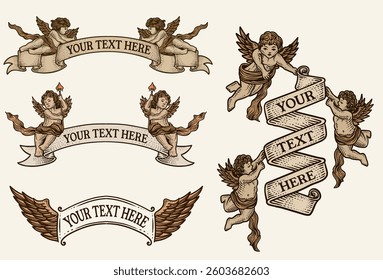 Set of vintage ribbon with cupid angel. hand drawn style. vector design