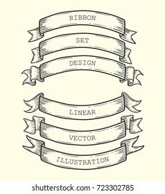 Set of vintage ribbon silhouettes isolated on background. Vector sketch templates, decorative objects. Empty retro tapes use as mockup for text, book, booklet, card, menu or banner design.