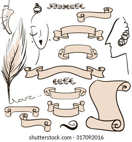 Set of vintage ribbons, banners on a white background. Female and male silhouette,quill, ink, pointe shoes, decorative elements for your design. Vector illustration.