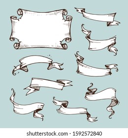 Set of vintage ribbons and cartouche for the inscriptions. Isolated hand drawn sketch style banners for wedding cards and scrapbooking decoration. Vector illustration of labels