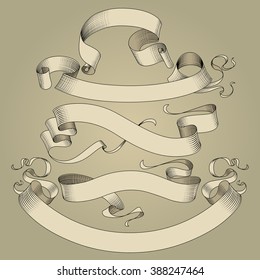 Set of vintage ribbons in engraving drawing style. Vector illustration