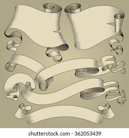Set of vintage ribbons and flags in engraving drawing style. Vector illustration