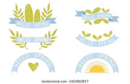 Conjunto de cintas vintage con elementos vegetales, el texto hola primavera. Llegó la primavera. Elementos de diseño vectorial, banderas, cintas de varios tipos, plantas, sol. Adecuado para postales, libros, banners, impresión.