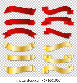 Set of vintage ribbons of red and gold on a transparent background.