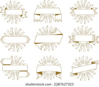 Set of vintage ribbons and sunburst. Hand drawn vector illustration