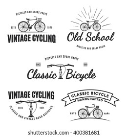 Set of vintage road bicycle labels, emblems, badges or logos isolated on white background. Handcrafted bicycle repair, service and club design elements. Isolated vintage bicycle side view. Vector.