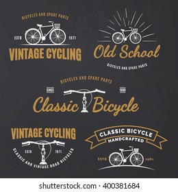 Set of vintage road bicycle labels, emblems, badges or logos on grunge black background. Handcrafted bicycle repair, service and classic club design elements. Vector.
