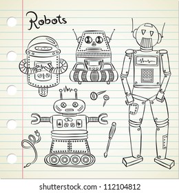 set of vintage robot in doodle style