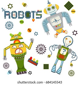 Set of vintage robots in cartoon style. Isolated vector robots in a white background.