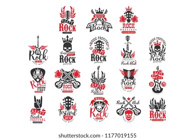 Conjunto de logos de roca vintage. Emblemas originales monocromos con guitarras, cráneos, rosas, micrófonos retro, coronas y alas. Diseño plano vectorial para el festival musical