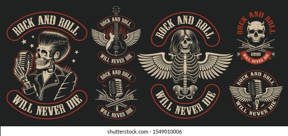 Set of vintage rock and roll emblems with skeleton character on dark background. Perfect for the shirt designs and many other. Text is on the separate group.
