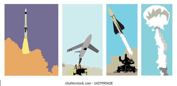 Set of vintage rockets, planes, bombs, explosions and war missiles. Vector flat style illustration.