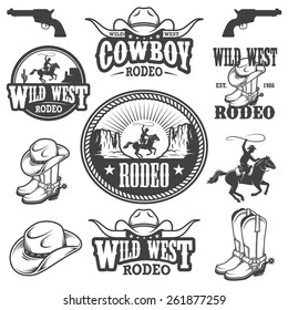 Set of vintage rodeo emblems, labels, logos, badges and designed elements. Wild West theme. Monochrome style