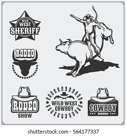 Set of vintage rodeo labels, badges, emblems and designed elements.