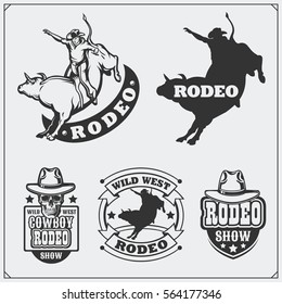 Set of vintage rodeo labels, badges, emblems and designed elements.