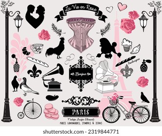 Set of vintage romantic symbols and icons illustrating Paris, France