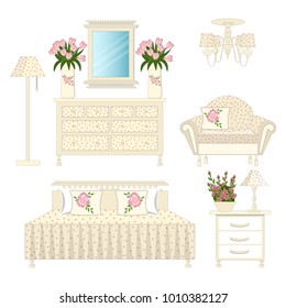 Set of vintage room home interior design with bedroom furniture. Vintage. Vector. Cartoon.