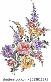 set of vintage rose flower bunch  and small flower arrangements. hand painted botanical flower vector illustration