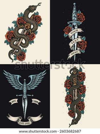 Set of vintage rose knife snake and wings. vector hand drawn style