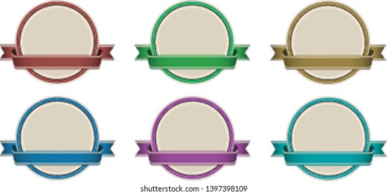 set of vintage round banners with purple ribbon 