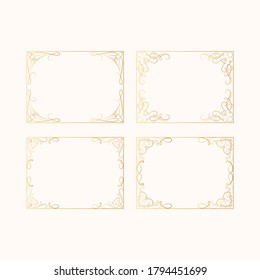 Set of vintage royal frames with gold filigree decor elements. Vector isolated hand drawn golden rectangular swirl borders. Royal wedding invitation cards.
