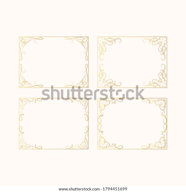 Set of vintage royal frames with gold\
filigree decor elements. Vector isolated hand drawn golden\
rectangular swirl borders. Royal wedding invitation\
cards.