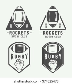 Set of vintage rugby and american football labels, emblems and logo. Vector illustration