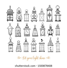 Set of vintage rustic lanterns on white background