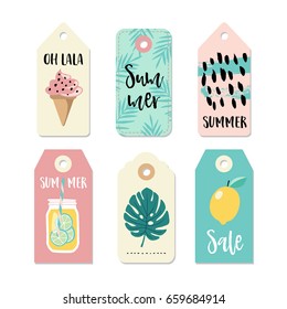 Set of vintage sale and gift tags and labels. Summer tropical design with a drink in mason jar, ice cream, and palm leaves. Isolated vector objects.