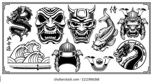 Set of vintage samurai vector elements. Samurai warrior clipart. All elemetnts are on the separate layer.